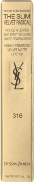 Złote pudełko matowej szminki YSL The Slim Velvet Radical w odcieniu 316, z ciemnymi napisami i logo.