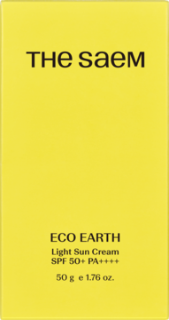 The Saem Eco Earth Light Sun Cream SPF 50+ PA++++ w żółtym pudełku, widok z przodu, pojemność 50g.