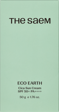 Jasnozielone opakowanie The saem ECO EARTH Cica Sun Cream SPF 50+ PA++++, widok z przodu.