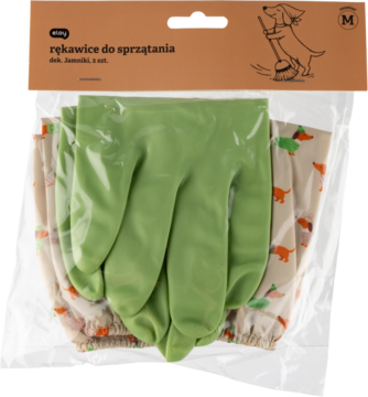Miloo rękawice do sprzątania L-XL, zielone, w przezroczystym opakowaniu z brązowym nagłówkiem. Widoczne rękawy w psie wzory.