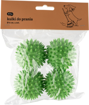 Zestaw 4 zielonych, kolczastych kul do prania o średnicy 6 cm w przezroczystym opakowaniu, widok z przodu.