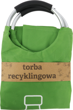 Składana zielona torba na zakupy recyklingowa z czarnymi uchwytami, widok frontalny.