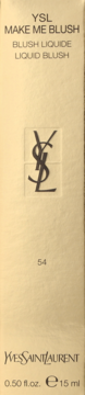Beżowo-złote opakowanie YSL Make Me Blush, płynny róż do policzków, odcień 54, z logo i 15 ml.