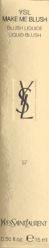 Złoto-beżowe opakowanie YSL Make Me Blush Liquid Blush, z numerem odcienia 57 i czarnym logo.