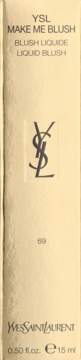 Złote pudełko YSL Make Me Blush, płynny róż, odcień 69, 15 ml, z logiem YSL, widok z przodu.