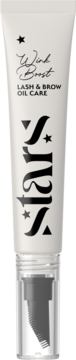 Biała tubka Wink Boost Lash & Brow Oil Care z przezroczystą zatyczką i czarnym grzebieniem aplikatora.