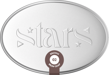 Stars brązowe mydełko do brwi 02, owalny srebrny kompakt z wytłoczonym logo i napisem BROW SOAP.