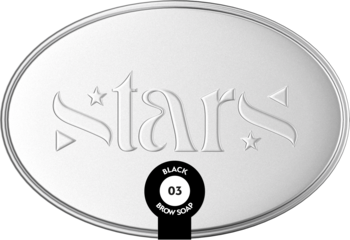 Srebrne, owalne mydełko do brwi Stars w odcieniu Black 03, z wytłoczonym logo na wieczku.