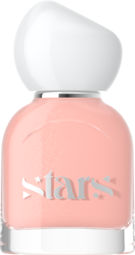 CC Nail Polish Stars, jasny brzoskwiniowy odcień z delikatnym brokatem, butelka z białą, okrągłą nakrętką, widok z przodu.