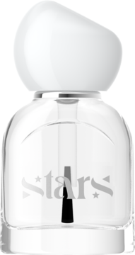 TOP NAIL, przezroczysty top coat w szklanej butelce z białym korkiem, widocznym pędzelkiem i napisem „stars”.