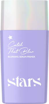 Fioletowy primer do twarzy 'Catch That Blur' by Stars w butelce z holograficzną nakrętką, widok z przodu.