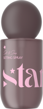Taupe Set & Slay Setting Spray z różowym napisem 'star' i kulistą nakrętką, pionowy widok z przodu.
