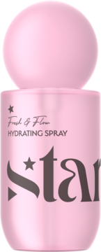 Różowy spray nawilżający Star Fresh & Flow, walcowata butelka z kulistą nakrętką, widok z przodu.
