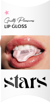 Guilty Pleasures Lip Gloss. Błyszczące usta z różową gumą balonową, symbolizującą słodki aromat i efekt soczystości.