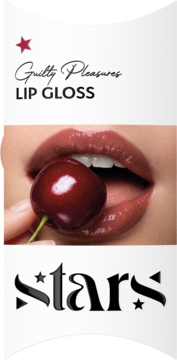 Guilty Pleasures Lip Gloss. Close-up: woman's glossy nude lips, holding a dark red cherry. For juicy, sweet shine.
