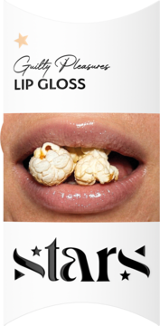 Guilty Pleasures LIP GLOSS, zbliżenie na usta z błyszczykiem i popcornem, widoczny również napis Stars.