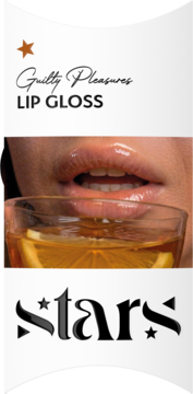 Guilty Pleasures LIP GLOSS: usta z efektem lustrzanego połysku, kobieta pije z kieliszka. Logo STARS.