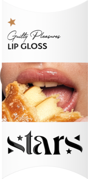 Guilty Pleasures LIP GLOSS; zbliżenie na usta z apetycznym błyskiem, gryzące słodkie ciastko.