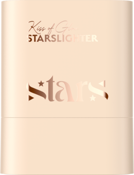 Beżowy rozświetlacz w sztyfcie Stars Kiss Of Glow, z przodu różowo-złoty napis "STARSLIGHTER".