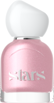 MAKE-UP NAIL Stars, perłowy lakier do paznokci w odcieniu pudrowego różu, półtransparentny, butelka z białą nakrętką.