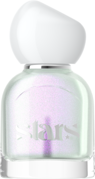 Lakier do paznokci MAKE-UP NAIL Stars, opalizujący różowo-zielony, półtransparentny, z białym korkiem, widok z przodu.