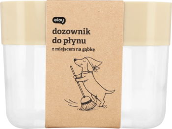 Eloy dozownik do płynu z miejscem na gąbkę, biały, na beżowej etykiecie rysunek psa z miotłą.