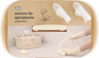Eloy beżowy zestaw do sprzątania, 8 elementów. Widok z przodu na wiadro, butelkę i rękawice.