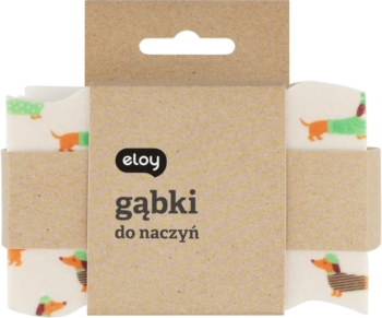 Beżowe gąbki do naczyń Eloy z motywem jamników w otwartym, tekturowym opakowaniu, widok z przodu.