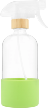 Szklana butelka Eloy ze spryskiwaczem 450ml, z białym atomizerem, drewnianą szyjką i zielonym rękawem.