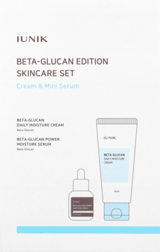Zestaw iUNIK Beta-Glucan Skincare Set. Białe pudełko z brązową butelką serum i białą tubką kremu, widok z przodu.