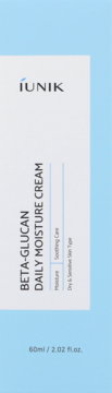 Opakowanie iUNIK Beta-Glucan Daily Moisture Cream 60ml, białe pudełko z pionowym tekstem, widok z przodu na jasnoniebieskim tle.