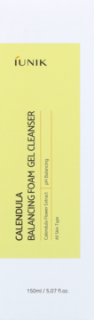 iUNIK Calendula Balancing Foam Gel Cleanser, żółte opakowanie, widok z boku, z informacją o pH Balancing.