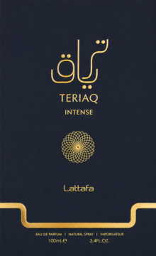 Lattafa Teriaq Intense, czarne pudełko perfum ze złotym arabskim pismem, logo i falistą linią, widok z przodu.