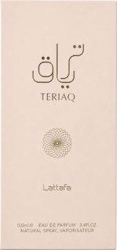 Eleganckie pudełko perfum Lattafa Teriaq 100ml, beżowe z arabskim napisem i złotym geometrycznym wzorem.