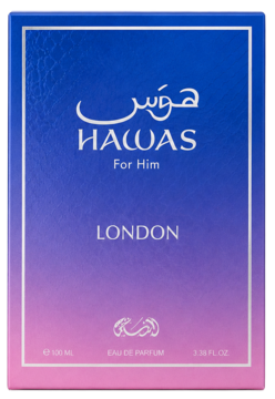 Woda perfumowana męska Rasasi Hawas London 100ml. Niebiesko-różowe pudełko z napisem Hawas, widok z przodu.