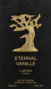 Czarny kartonik Lattafa Pride Eternal Vanille 100ml EDP ze złotym, reliefowym drzewem i napisem na froncie.