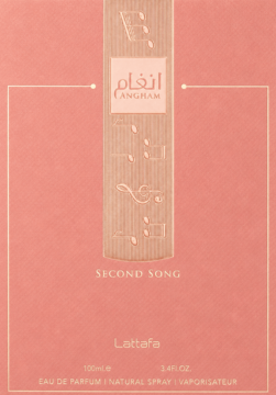 Damskie perfumy Angham Second Song Lattafa w jasnoróżowym pudełku z wytłaczanym wzorem muzycznym, widok z przodu.