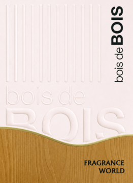 Bois De Bois Fragrance World EDP packaging. Embossed beige top, vertical 'bois de BOIS' on right, wavy wood base.