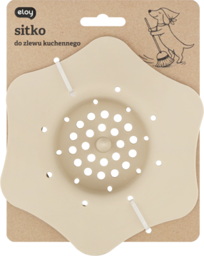 Beżowe sitko Eloy do zlewu kuchennego, w kształcie gwiazdy, z drobnymi otworami, widok z góry na kartonowym blistrze.
