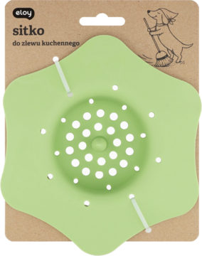 Eloy zielone silikonowe sitko do zlewu kuchennego, kwadratowe z otworami, na brązowym kartonie z rysunkiem psa.