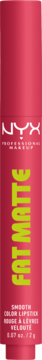Różowy sztyft pomadki NYX Professional Makeup Fat Matte z neonowo zielonym napisem, zapewniający gładki, matowy kolor ust.