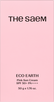 The Saem Eco Earth Pink Sun Cream SPF 50+ PA++++, w prostokątnym różowym opakowaniu, widok z przodu.