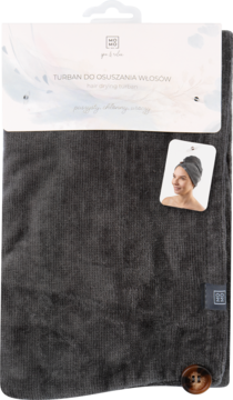 MOMO WAY szary bawełniany turban do włosów, prążkowany, złożony w opakowaniu, widok z przodu.