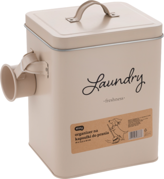 Beżowy metalowy pojemnik 'Laundry' na kapsułki do prania, z rączką i bocznym dozownikiem, ujęcie z przodu pod kątem.