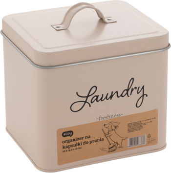 Beżowy, metalowy organizer na kapsułki do prania. Na froncie napis "Laundry", na wieczku uchwyt. Widok pod kątem.