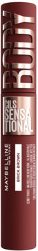 Tusz Maybelline Body Lash Sensational Brick Brown, brązowa pionowa buteleczka, widok z przodu opakowania.