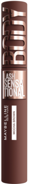 Maybelline Lash Sensational Mascara Body w odcieniu Mocha Brown, brązowy tusz z metalicznym napisem. Widok z przodu.