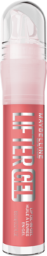 Maybelline Lifter Gel, olejek w żelu do ust, koralowy, pionowo, w przezroczystej tubce ze srebrnym napisem.