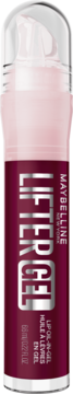 Maybelline Lifter Gel, nawilżający olejek do ust, butelka z przezroczystą górą i burgundowym dołem, widok frontalny.