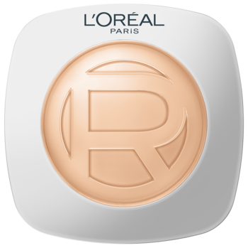 L'Oréal Paris beżowy puder prasowany w białym, kwadratowym kompakcie. Widok z góry, z wytłoczoną literą 'R'.